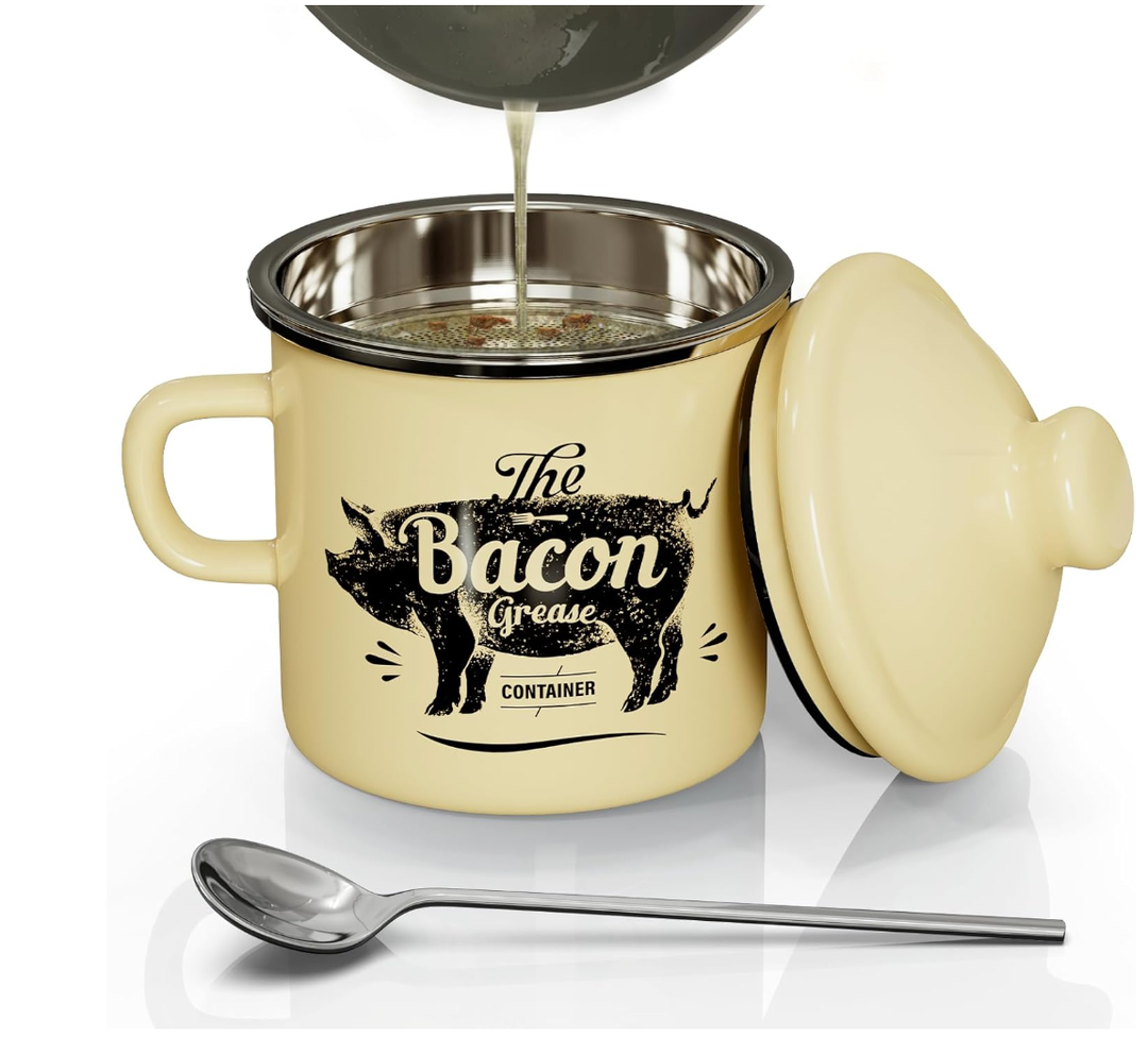 Bacon Grease Container With Strainer, 46OZ Large Enamel Grease Container, With Silicone Spatula, Farmhouse Bacon Grease Keeper, Cooking Oil Container For Kitchen Fat Storage, Dishwasher Safe-Black