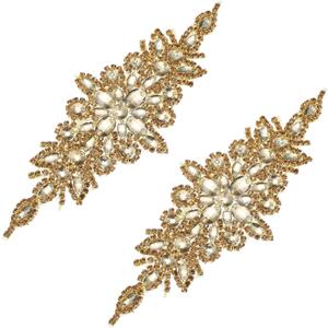 uxcell 2 Pcs Rhinestone Applique Patches Belt Accessories 3D Embroidery Iron on Patch Sewing Embellishments for Wedding Bridal Sash Crystal Belt Dress DIY Sewing, Gold (9.4" x 3.5")