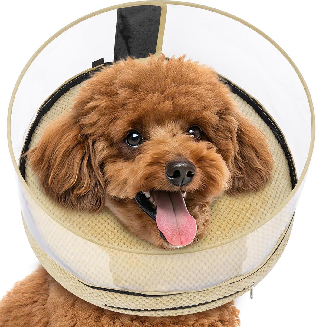 Soft Inflatable Dog Cone for Surgery Recovery, Protective Dog Donut Collar with Shield to Stop Licking Wounds, 2-in-1 Patented Comfort Blow-Up Collar for Small and Medium Pets (Khaki, M (Neck: 8"-11")