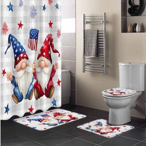 Red Blue Gnome American Flag 4PCS Shower Curtains Set with Toilet Lid Cover Non-Slip Rugs, Independence Day Waterproof Shower Curtain Set for Bathroom with 12 Hooks 66x72 in