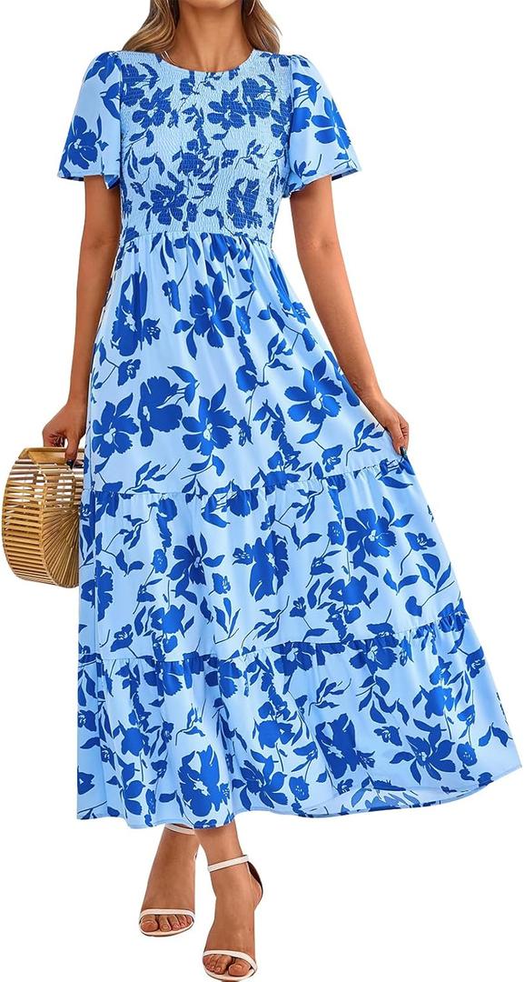 PRETTYGARDEN Women's 2026 Summer Casual Flutter Short Sleeve Boho Floral Maxi Dress Crew Neck Smocked Tiered Long Dresses (XX-Large)