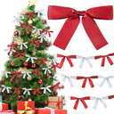 Trandraft 2 Pcs Christmas Bow Garland Banner 16.4 ft Pre-Assembled Red and Sliver Satin Bows Ornaments Xmas Bows Hanging Decors for Room Fireplace Bachelorette Party Birthday Baby Shower Supplies 