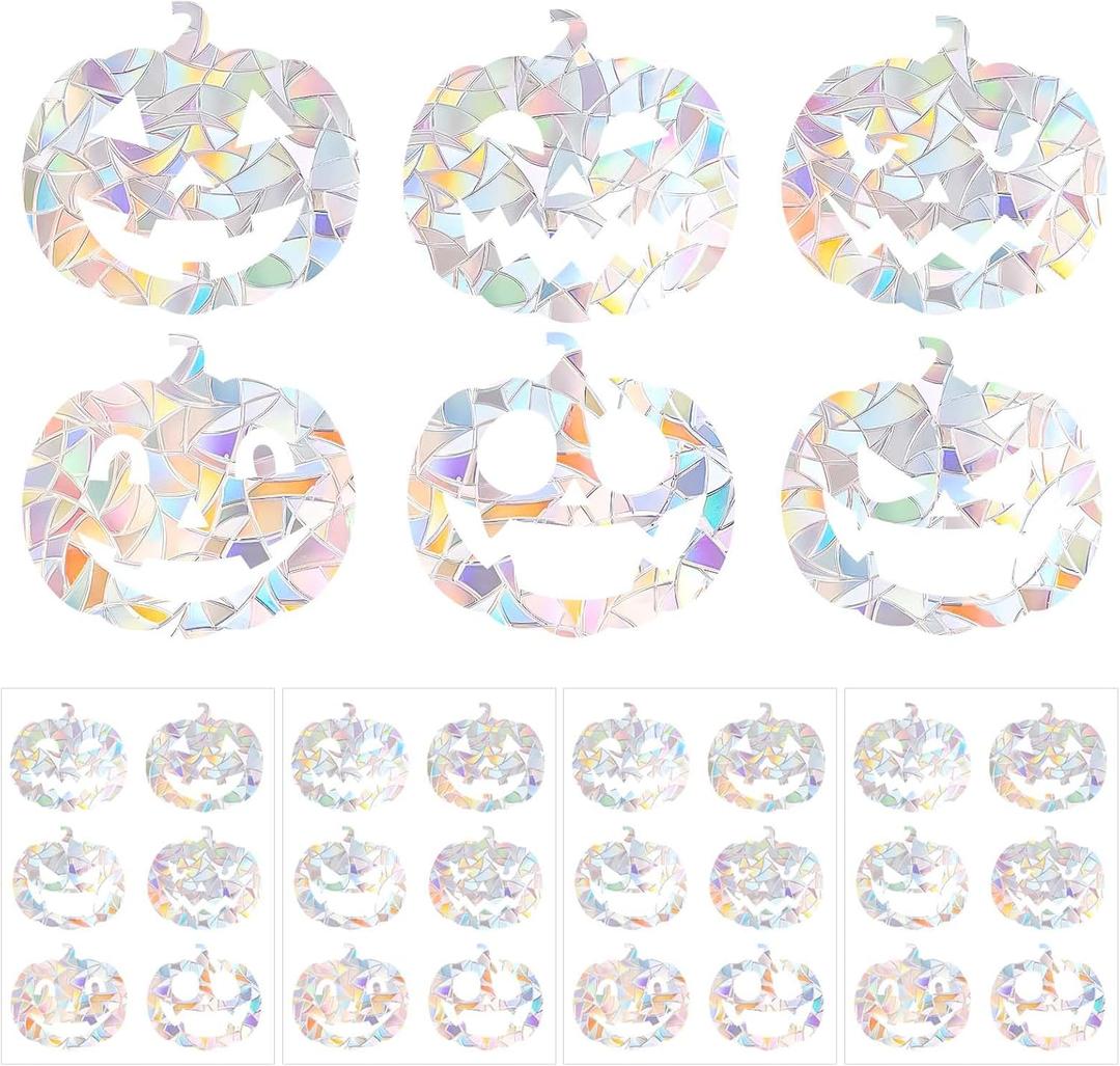 4 Pcs Pumpkin Window Sticker, Rainbow Anti Collision Window Clings Prism Window Clings Static Cling Halloween Window Decoration for Bird Strike Prevention Floral Interior Decoration