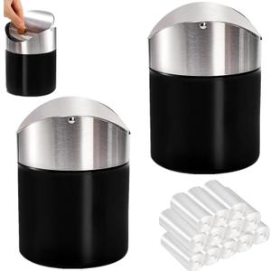 2 Pack Mini Trash Can for Desk, Swing Lid Brushed Stainless Steel Countertop Garbage Bin with 12 Rolls Bags, Modern Tiny Waste Basket for Vanity, Makeup Tabletop, Office Desk, Coffee Table