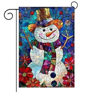 Stained Glass Christmas Garden Flag 12x18 Double Sided, Winter Snowman Yard Flag Welcome for Outside Porch Lawn Decor