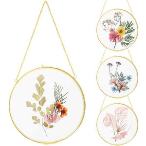 Qunclay 4 Pcs Double Glass Frame for Pressed Flowers Round Hanging Herbarium Floating Flower Press Frame Clear DIY Vintage Artwork Display holder(5 Inch,Gold)