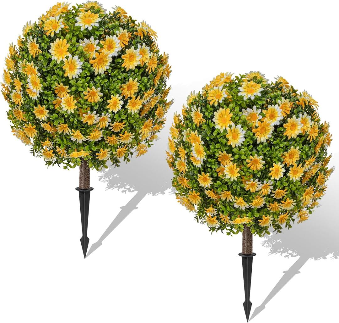 25" Artificial Topiary Ball Fall Tree with Yellow DaisyFake Mums Plants with Ground SpikeSet of 2 UV Resistant Faux Bushes, Fake Shrubs for Garden, Patio, Porch, Yard, Indoor