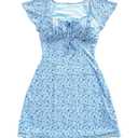 WDIRARA Women's Floral Square Neck Ruffle Sleeve Dress Vacation Short Dresses Blue Large (Blue)