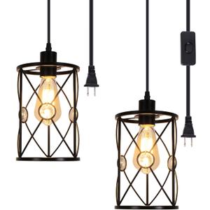 Plug in Industrial 2 Pack Farmhouse Pendant Light, Mini Cage Pendant Lighting in Black Finish with Crystal, Adjustable Length Hanging Light Fixture for Hallway, Bedroom, Living Room, Kitchen