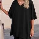 PRETTYGARDEN 2 Piece Sets for Women Summer 2026 Lounge Short Set Spring Matching Biker Shorts V Neck Oversized Shirt Clothing (Black, XXL)