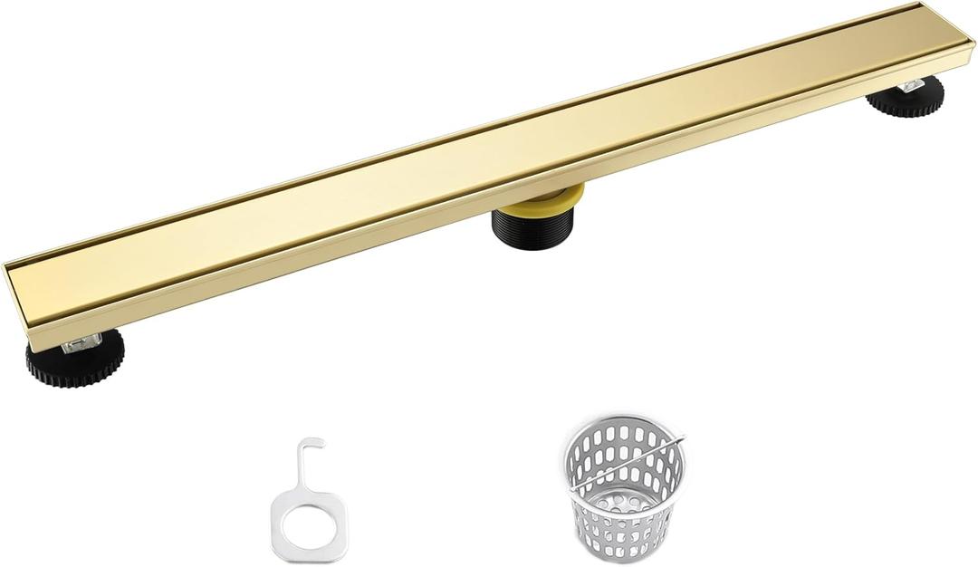 24-Inch Linear Shower Drain Brushed Gold, Rectangular Gold Shower Floor Drain with Tile Insert Cove & Hair Strainer