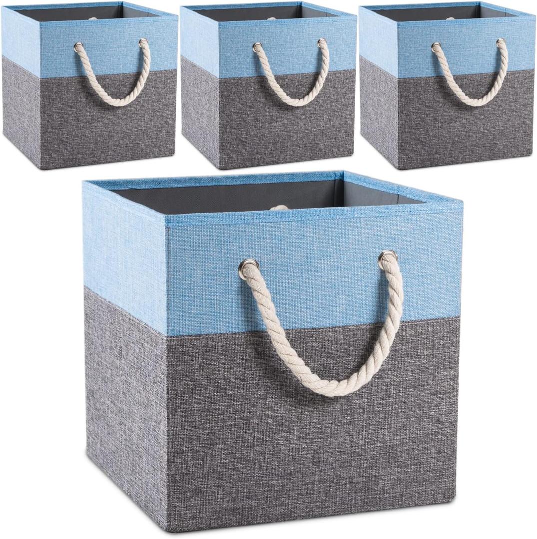 PRANDOM Large Foldable Cube Storage Bins 11x11 inch [4-Pack] Fabric Linen Storage Baskets Cubes Drawer with Cotton Handles Organizer for Shelves Nursery Closet Bedroom Blue