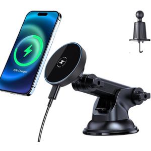 2025 Compatible with iPhone and Android Car Mount Charger for MagSafe 3-in-1 Wireless Fast Charging with Magnetic Suction Cup Mount for Windshield, Vent, or Dash, Type-C Input, 15W Output Power