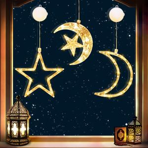 Ramadan Decorations Moon Star Window Lights 3 Pack Eid Mubarak Decorations with Suction Cup, Hanging LED Battery Operated Ramadan Lights Indoor Outdoor Eid Decor