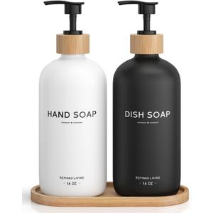 Hand and Dish Soap Dispenser Set,16oz Glass Bottles with Printed Labels, Bamboo Tray & Pump, Countertop Soap Dispensers for Kitchen, Luxury, Minimalist & Farmhouse Decor (Hand Dish (Black/White))