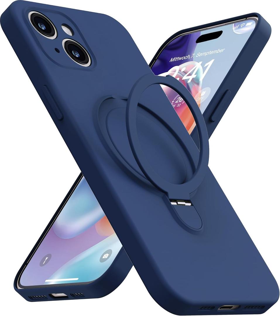Magnetic Stand for iPhone 15 Plus Case, Liquid Silicone Case, [Compatible with MagSafe][Built-in Kickstand&Ring Holder] Anti-Scratch Soft Microfiber Lining, Midnight Blue