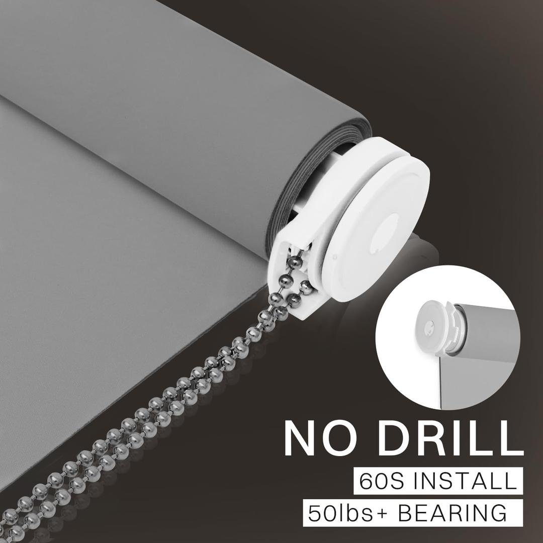 No Drill No Tools 100% Blackout Roller Shade | UV Protection | Easy-Care Fabric | Roller Blind for Windows & Doors | Pull Down Window Shade - Grey (20" W x 78" H) (No Drill-grey)