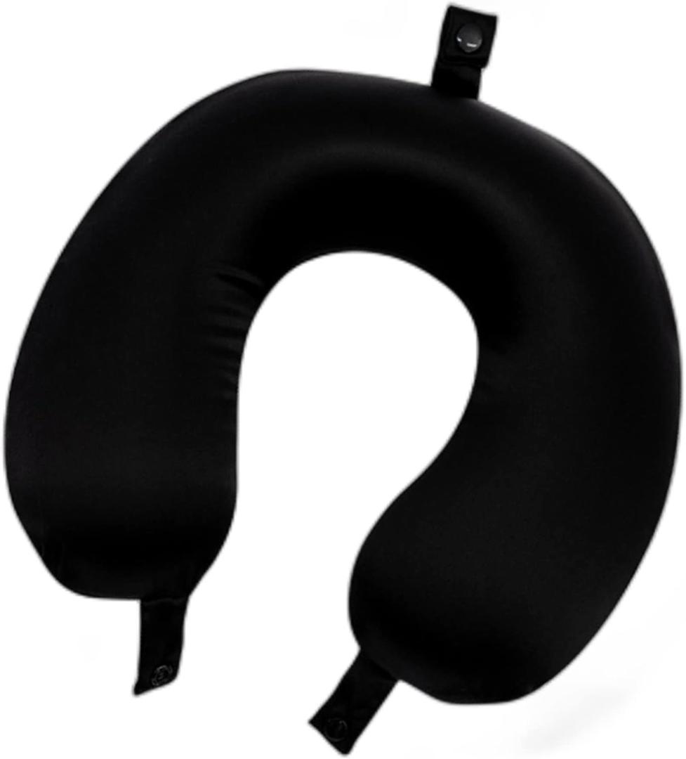 100% Mulberry Silk Travel Neck Pillow for Sleeping 22 Momme Silk Airplane Travel Pillow for Pain Relief Sleeping, Plane Neck Support Pillow, Anti Wrinkle, Made in USA (Black)