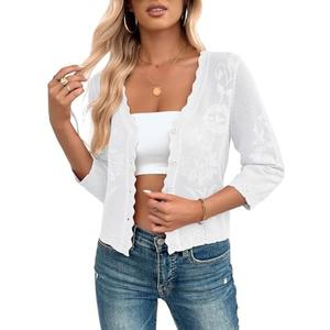 Kate Kasin Women's Cropped Cardigan Sweaters Trendy Lightweight 3/4 Sleeve Button Down Crochet Textured Shrugs Top, Small