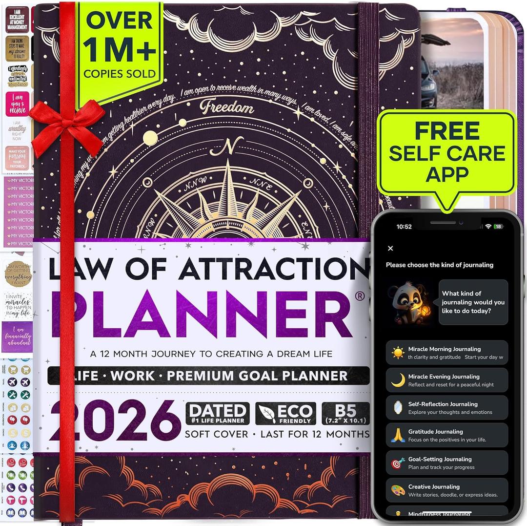 Deluxe 2026 Planner Weekly and Monthly | Law of Attraction Planner with Productivity App | 12-Month for Productivity, Gratitude & Goal Setting | Includes Foldable Vision Board, Gift Box & Stickers (PURPLE SUN-COMPASS)