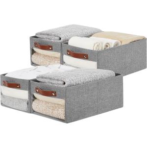 Medium Storage Baskets with Clear Window, See Through Closet Organizer with PU Handles, Linen Foldable Storage Bins for Organizing Clothes, Toys, Books (Gray) (Medium-16"x11"x7")