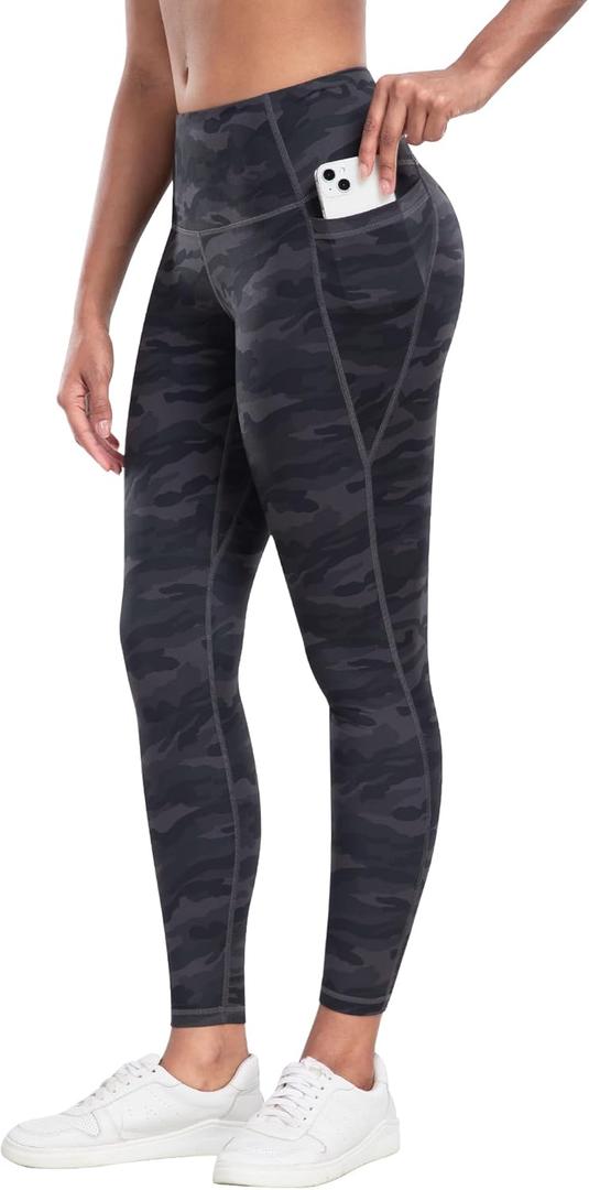 CHRLEISURE Leggings with Pockets for Women - Tummy Control High Waisted Soft Workout Yoga Pants (Large, Camo Grey)