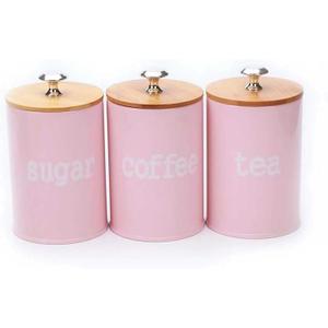 X022S Set of 3 Metal Food Storage Tin Canister/Jar with Bamboo Lid (matte pink)