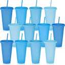 Skylety 12 Pcs Blue Glitter Plastic Cups with Lids and Straws 24 oz Winter Reusable Tumbler Large Travel Mug Cup Coffee Beverage Drinks Party Supplies for Wedding Bridal Baby Shower Birthday