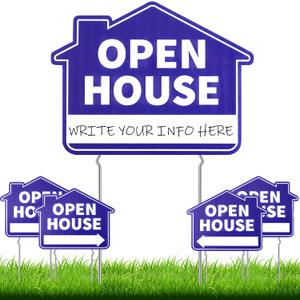 Queekay 5 Pack Open House Yard Signs with Metal Stakes for Real Estate 16" x 12" Large Double Sided Weather Proof Open House Signs with Directional Arrows Real Estate Agent Supplies(Blue)
