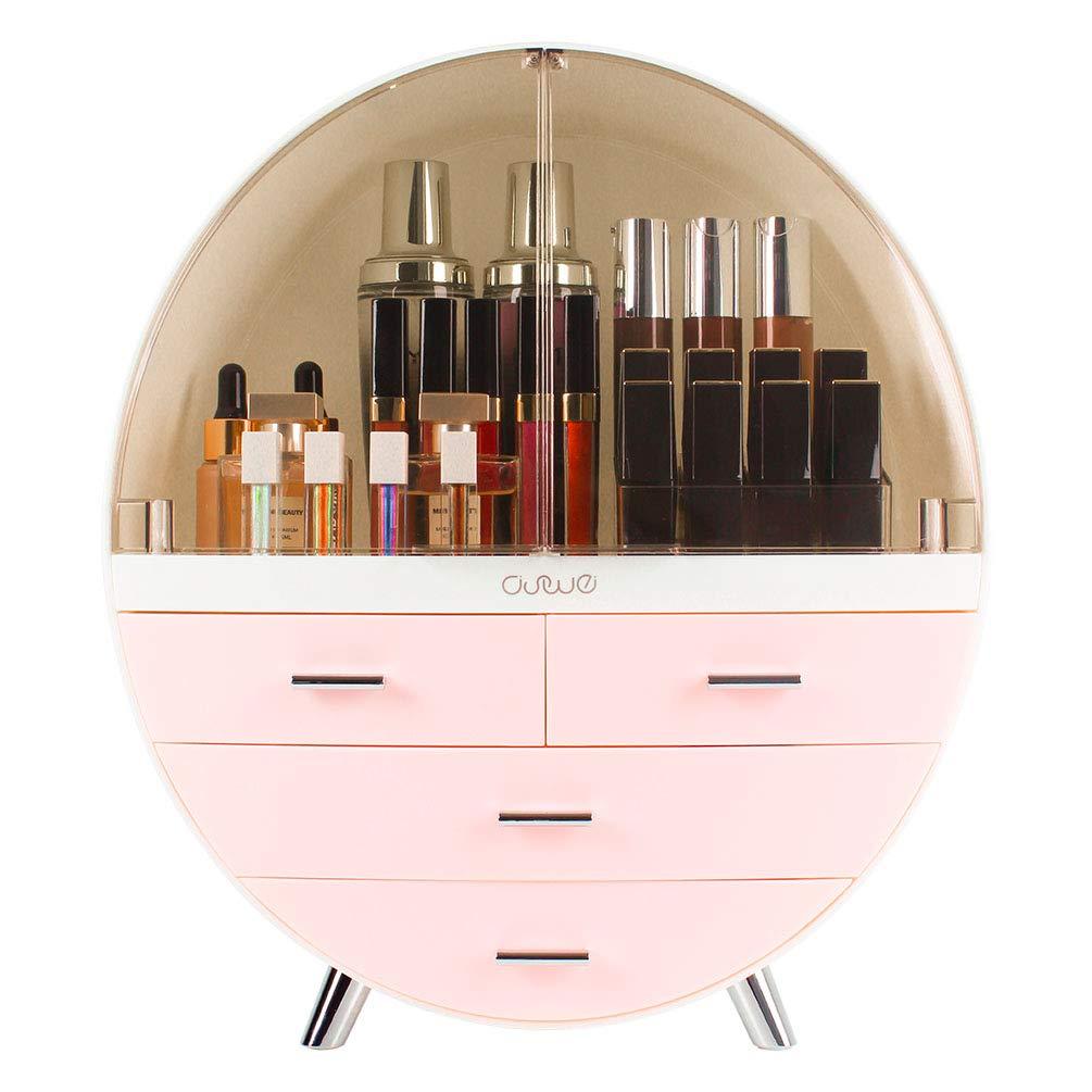 Elegant Dustproof Makeup Storage Organizer Box, Waterproof Large Cosmetics Organizer Storage with Drawers Skincare Cosmetic Display Cases for Countertop Bathroom Dresser Dedroom (Lager, Pink)