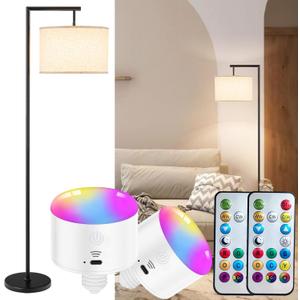 Modern Battery Operated Floor Lamp Cordless for Living Room, 10000mAh RGB Dimmable Lamp with Remote Control Lighting time up to 50 hrs, Tall Standing Floor Lamp for Bedroom, 2 Bulb