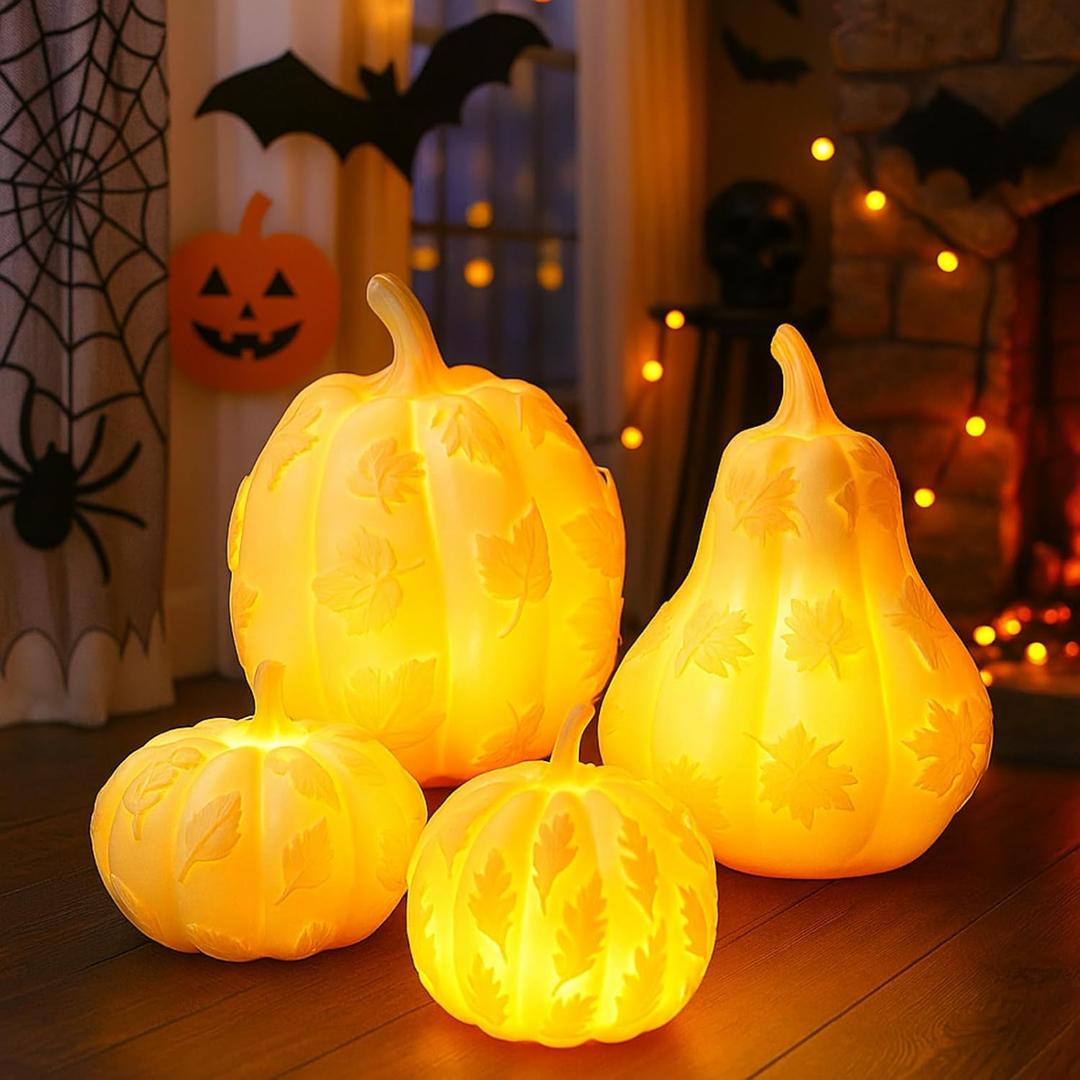 Leinuosen 4 Pcs Thanksgiving Lighted Resin Pumpkin Decorations Pumpkins Fall Centerpiece Table Figurines Decorations for Home Harvest Tabletop Autumn(White)
