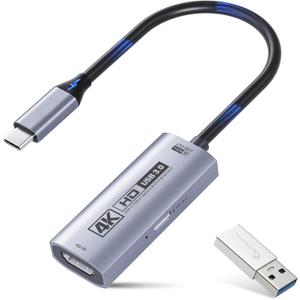 Guermok 4K USB3.0 Video Capture Card with PD 100W, 4K@60FPS or 2K@144FPS HDMI to USB-A/C Capture Card for Streaming, Works with Pad, Tablet, MacOS, Switch2/1, Laptop, PC, Camera, VR, Silver
