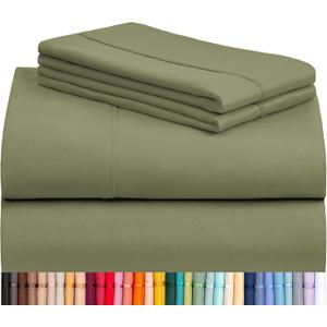 LuxClub 4 PC Queen Sheet Set, Deep Pockets Wrinkle Free Cooling Bed Sheets Hotel Bedding for Women, Men, Includes 1 Fitted Sheet, 1 Flat Sheet and 2 Pillowcases-Soft Olive