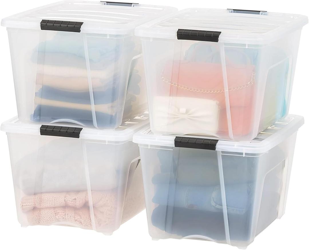 IRIS USA 51 L (54 QT) Plastic Storage Box with Lid and Latches - 4 Pack - BPA-Free, See-Through Organizing Solution, Durable Nestable Stackable Containers, Secure Pull Handle - Clear
