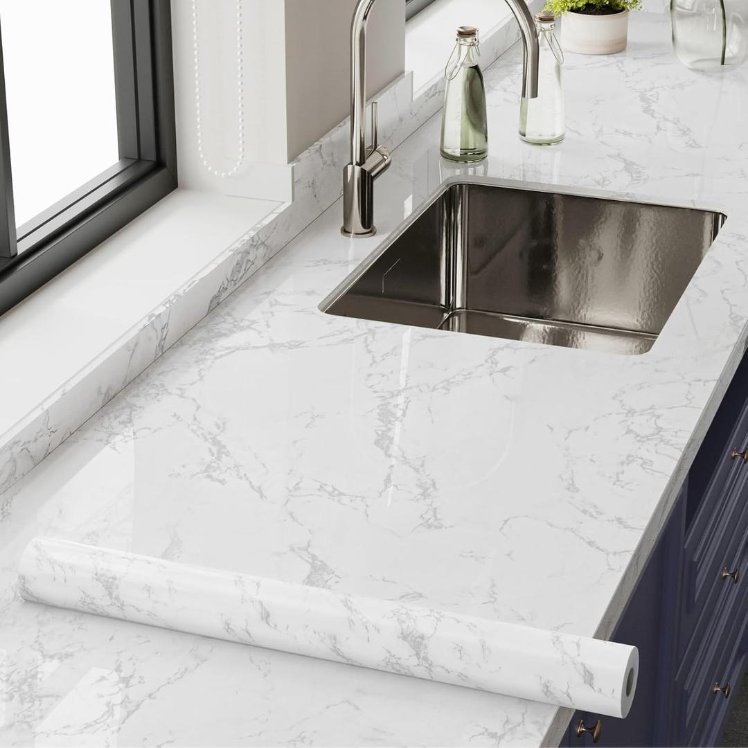 Abyssaly Marble Contact Paper for Countertops 23.6" x 118", White Gray Faux Marble Wallpaper Peel and Stick, Self Adhesive Removable Wall Paper for Kitchen Backsplash