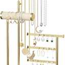 SZQINJI 5 Tier Jewelry Holder Organizer, Gold Jewelry Stand with Velvet Bracelet Holder, Adjustable Height Jewelry Display for Necklaces, Bracelets, Earrings, Rings, Gift Idea for Women, Beige