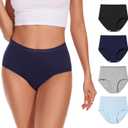 High Waisted Cotton Underwear for Women Lace Full Coverage Panties Soft Stretch Ladies Briefs (Multipack) (Large, Black,gray,dark Blue,light Blue)