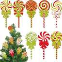 8 Pcs Large Green Christmas Candy Picks Wooden Peppermint Red Green Lollipop Candy Picks Ornaments for Tree Christmas Home Office Holiday Party Decorations, 13.78 x 5.91 Inch