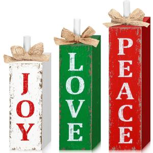 3 Pcs Christmas Tiered Tray Decor Christmas Tabletop Decor Rustic Farmhouse Wooden Table Block Sign and Centerpieces Joy Peace Love Sign for Xmas Home Shelf Kitchen Decorations