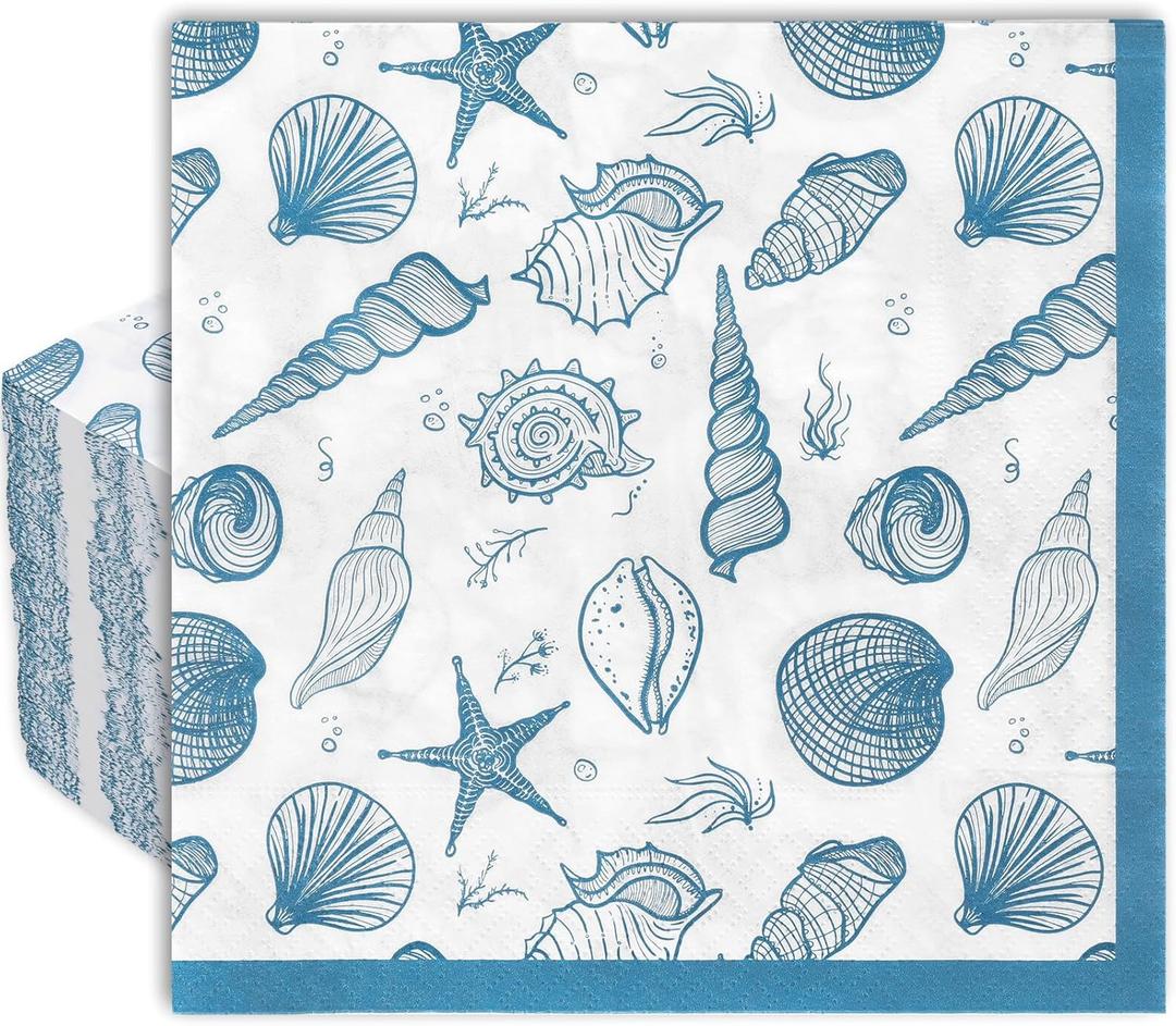 100 Pack Sea Shell Paper Napkin Blue Ocean Beach Shell Disposable Napkins Summer Nautical Luncheon Napkins Under the Sea Decorative Dinner Hand Napkin for Party Supplies, 6.5 x 6.5 Inch