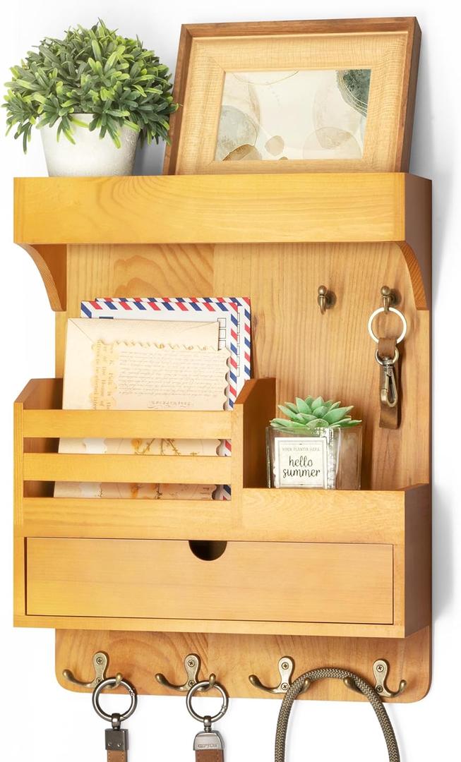 Modern Farmhouse Key Holder Wall Mount with Drawer Organizer  Pine Wooden Mail and Key Organizer with 6 Durable Hooks & Floating Wall Shelf  Ideal for Brightening Up Your Home Decor (Light Brown)