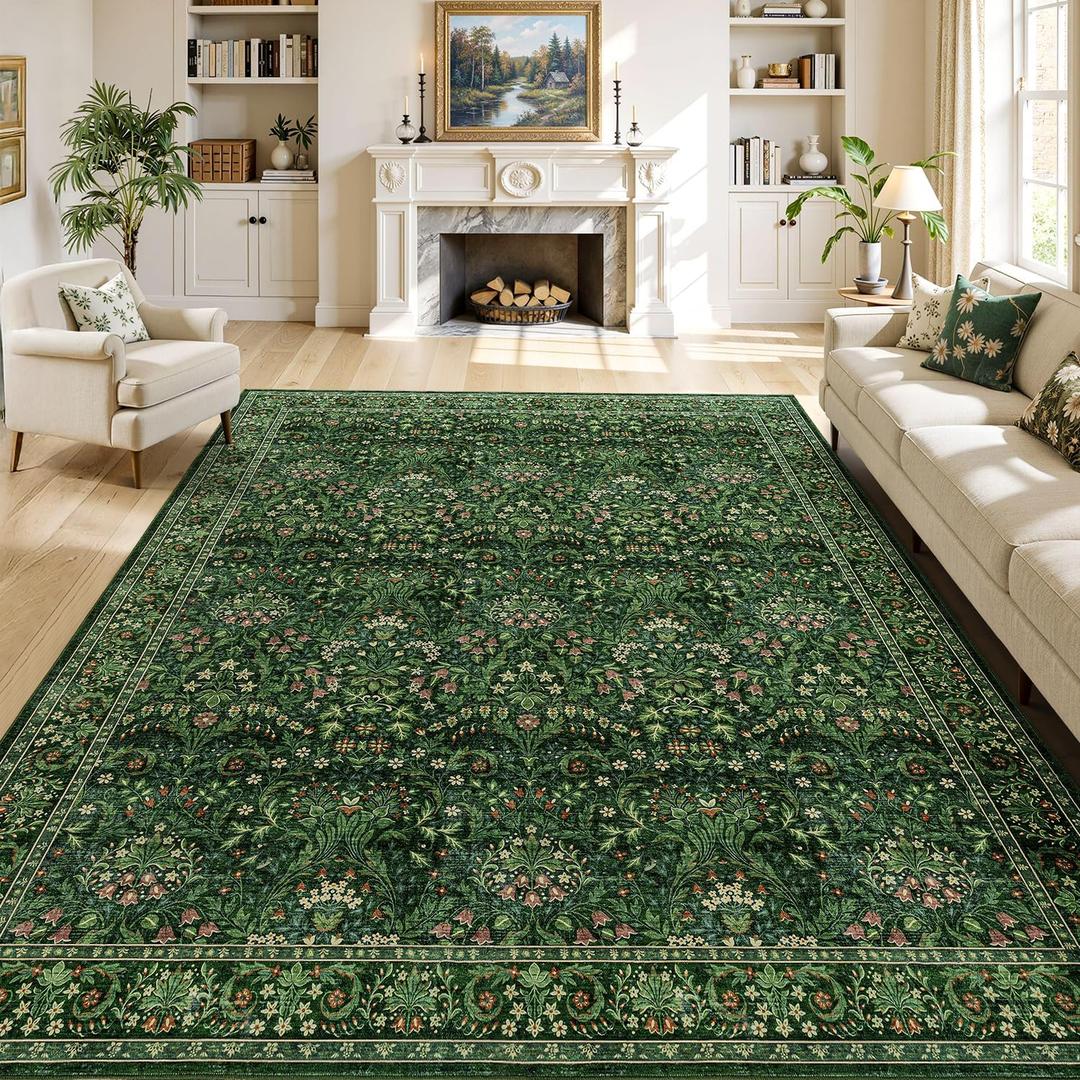 Washable 8x10 Area Rug for Spring Living Room Bedroom Dining Room Under Kitchen Table,Non-Slip Low Pile Stain Resistant Soft Large Carpet for Vintage Floral Oriental Home Decor Grass Green
