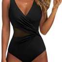 SUUKSESS Women Sexy Mesh Tummy Control One Piece Swimsuit Wrap Push Up Bathing Suit Retro Backless Cut Out Swimwear (Black, XL)