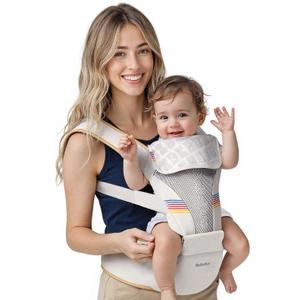 Baby Carrier with Hip Seat, BeBeBus 2-in-1 Ergonomic Newborn to Toddler Carrier up to 44 lbs, Detachable Hands-Free for Infant, All Season Forward-Facing Carry, Fits Waist Sizes up to 38 inch (White)