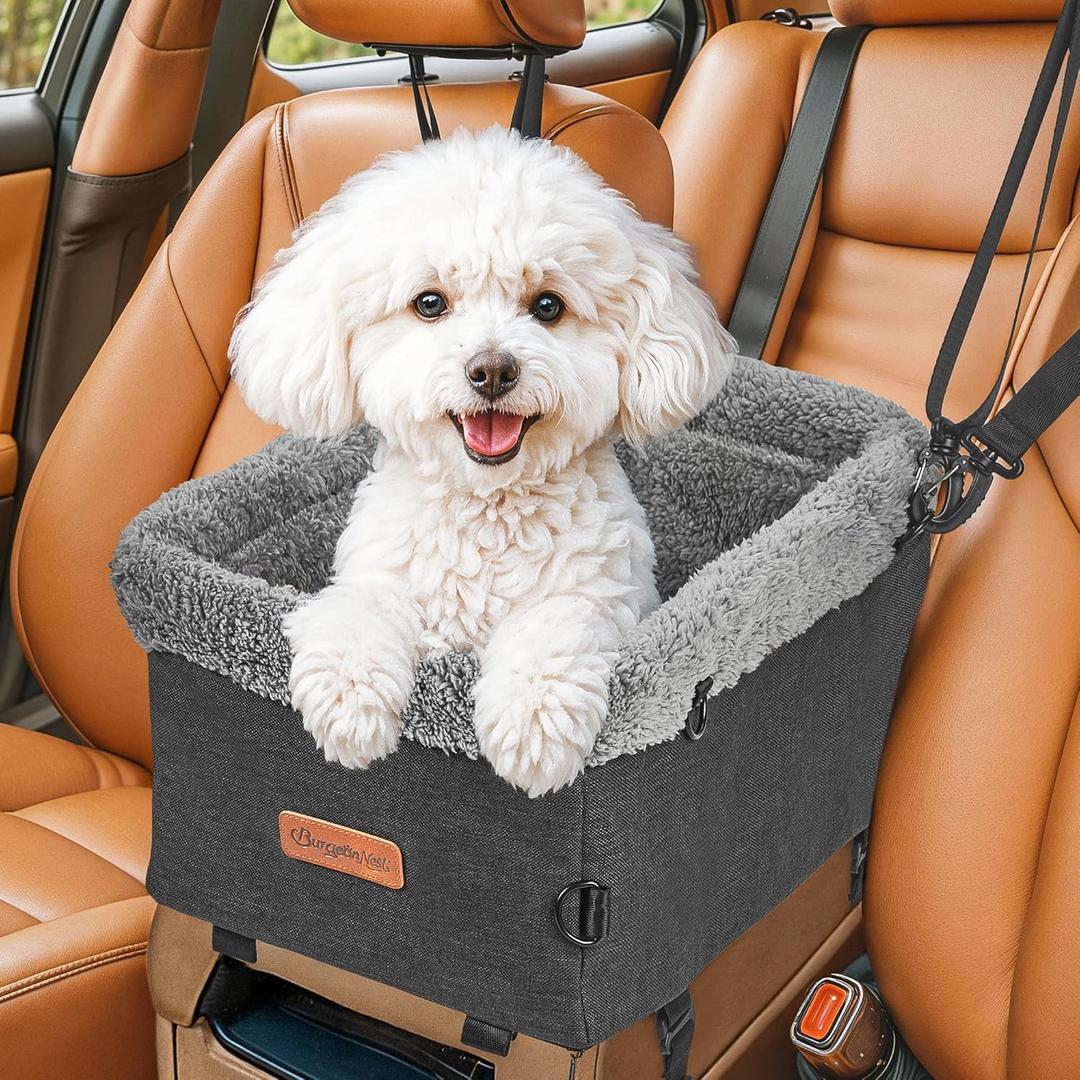 BurgeonNest Armrest Medium Sized Dog Car Seat - Portable Pet Booster Center Console Carseat Up to 15lbs, Safe Comfort Car Travel with Metal Frame, Pee Pad, Washable Fluffy Cushion and Interior, Grey
