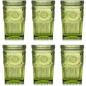 Kingrol 6 Pack 12 oz Vintage Drinking Glasses, Embossed Romantic Water Glassware, Glass Tumbler Set for Juice, Beverages, Beer, Cocktail (Green)