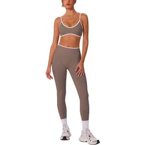 ABOCIW Workout Sets for Women Seamless Color Block Sports Bra Hidden Scrunch High Waist Leggings 2 Piece Gym Yoga Active Wear Pilates Outfits Athletic Work Out Clothes, Mocha, Medium
