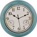 12 Inch Indoor Outdoor Retro Waterproof Wall Clock with Thermometer and Hygrometer, Battery Operated Quartz Round Wall Clock Silent Non Ticking Home Decor,Green, Large