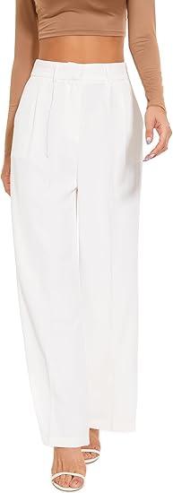 FUNYYZO Wide Leg Pants Women's High Elastic Waisted in The Back Business Work Trousers Long Straight Suit Pants (White, Large)